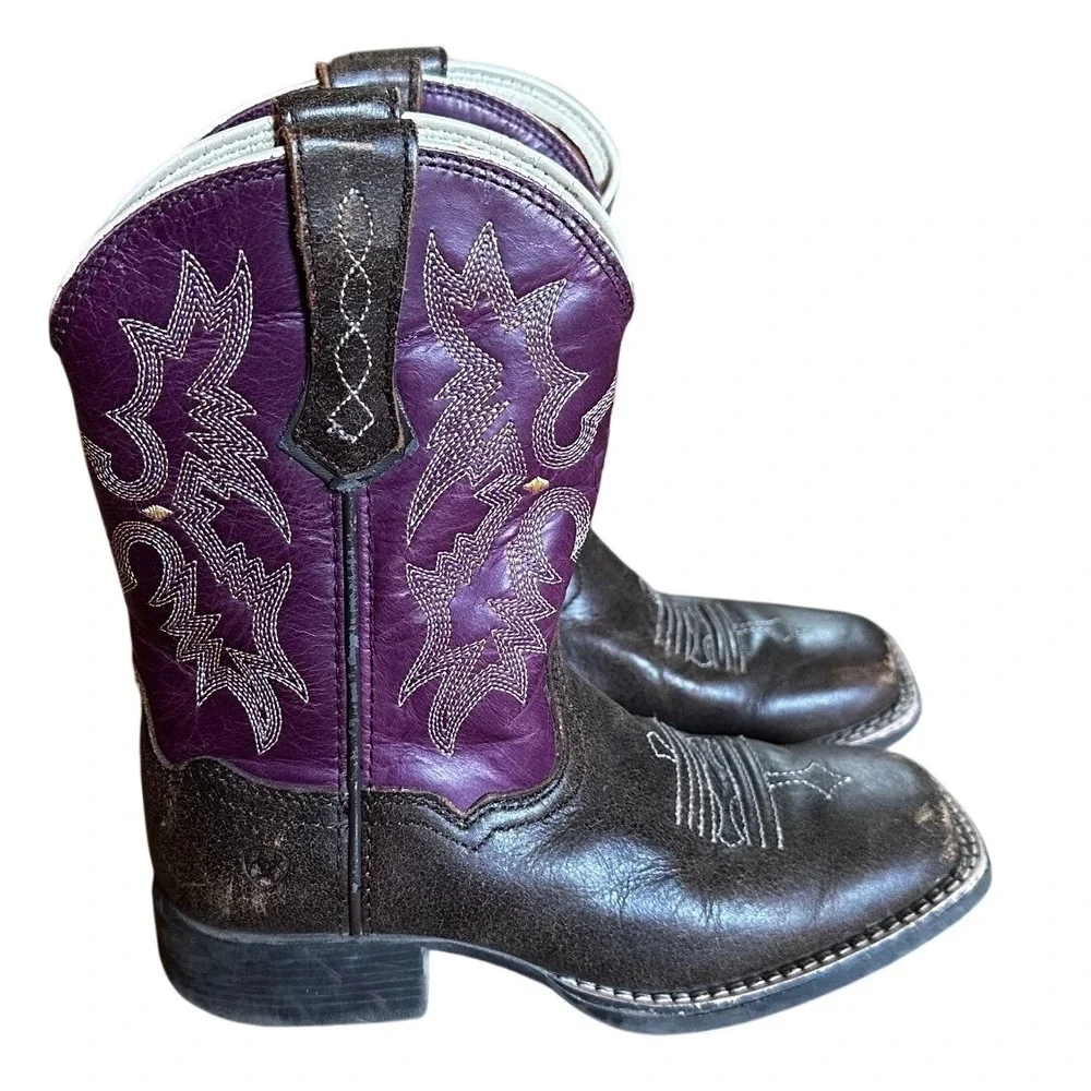 Ariat Brown Purple Leather Square Toe Western Cowboy Boots Kid's 12